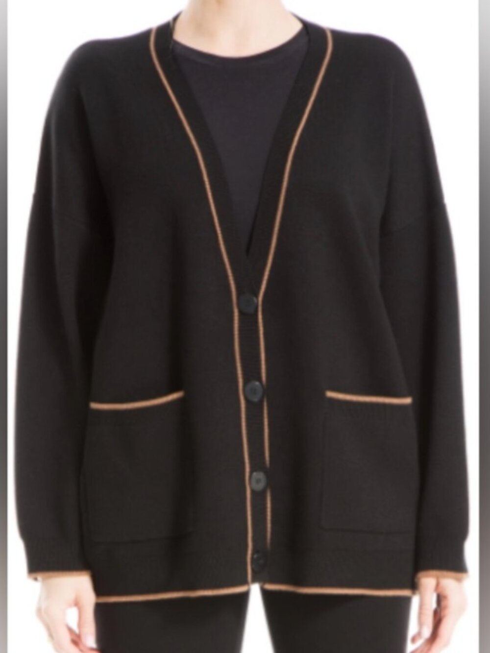 Max Studio Tipped Oversized Cardigan - Black With a Contrasting Tan Trim
